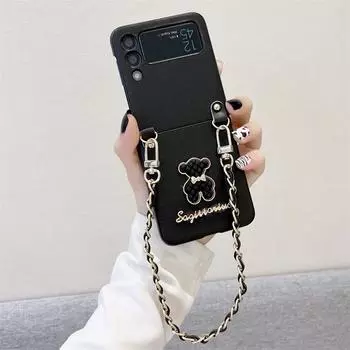 Милый кожаный чехол с цепочкой для телефона с 3D медведем для Samsung Galaxy Z Flip 4 3 Z Flip 5 5G, сплошной цвет, защитные чехлы для Samsung Zfold 4 3 5 Samsung Z flip 3 белый