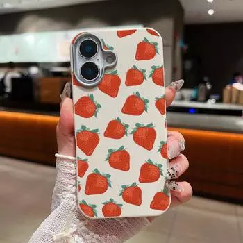 Милый кожаный чехол с рисунком клубники для iPhone 16 Pro Max 15 Plus 14 Pro 13 12 11 XS XR 8 7 TPU тонкий мягкий противоударный матовый чехол для телефона iPhone 16 бежевый