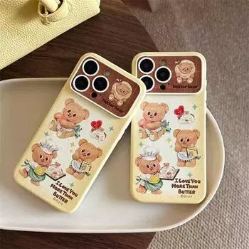 Милый кожаный чехол с рисунком медведя для iPhone 16 15 14 13 Pro Max с большим окном, противоударный чехол iPhone 13 жёлтый