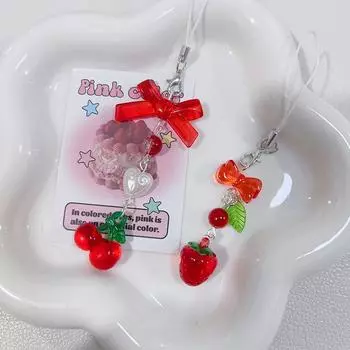Милый красный вишневый клубничный бант для мобильного телефона ремешок с подвеской брелок для девушки женская сумка камера кулон милые украшения для мобильного телефона Cherries