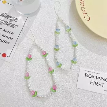 Милый красочный цветок тюльпана, бисерная цепочка для мобильного телефона, цепочка для мобильного телефона в форме сердца для девушки, милые аксессуары для телефонной подвески розовый