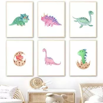 Милый красочный мультяшный динозавр настенное искусство холст картины скандинавские постеры и принты детские настенные картины для детской комнаты домашний декор 21cm30cm NoFrame
