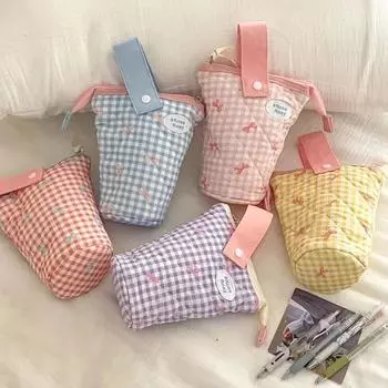 Милый креативный дизайн, вертикальный держатель для карандашей для студентов, модный бант, клетчатый пенал, большая вместимость, сумка для хранения канцелярских принадлежностей синий