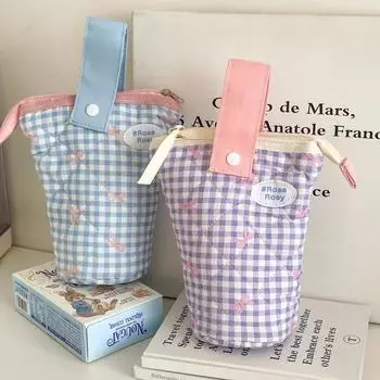 Милый креативный дизайн, вертикальный держатель для карандашей для студентов, модный бант, клетчатый пенал, большая вместимость, сумка для хранения канцелярских принадлежностей синий