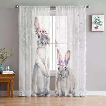 Милый кролик акварельные цветы животные прозрачные шторы для гостиной украшения оконные шторы кухонные тюль вуаль шторы W135 x H115cm x1