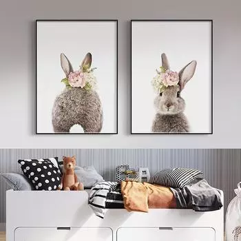 Милый кролик, детская Настенная картина, розовый цветок, животное, холст, постер, принт, детская картина, скандинавский декор для детской комнаты для девочек 21cm30cm NoFrame