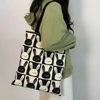 Милый кролик холст женская сумка для покупок через плечо большой емкости сумки для девочек-студентов класс молния корейский тоут шоппер мода чёрный