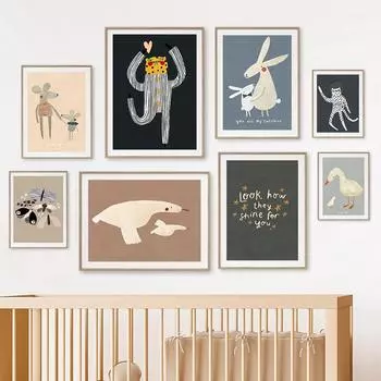 Милый кролик птица гуси леопард мышь детская настенная живопись холст картина скандинавский постер и печать настенные картины декор для детской комнаты 21x30cm No Framed белый