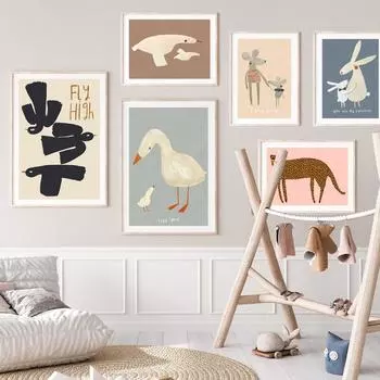 Милый кролик, птица, гуси, леопард, собака, детская настенная живопись на холсте, плакаты на скандинавскую тему и принты, настенные панно, декор для детской комнаты, без рамки 21*30cm No Frame