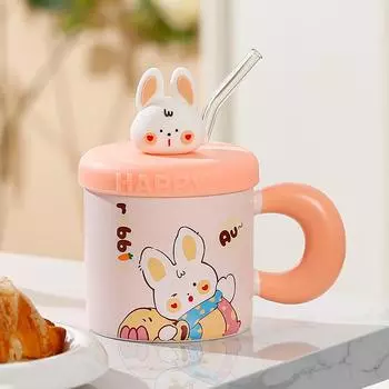 Милый кролик с крышкой и соломенной чашкой, мультяшная дорогая большая емкость, сувенирная кружка для девушек и пар, керамический набор чашек 380ML