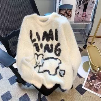 Милый кролик жаккардовый женский свитер американский ретро круглый вырез женский длинный рукав свитер осенний свободный повседневный ленивый топ M чёрный