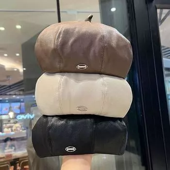 Милый крутой металлический стандартный берет женский из искусственной кожи ретро темперамент восьмиугольная шляпа универсальное лицо маленькая тыквенная шляпа M56-58cm кофейный