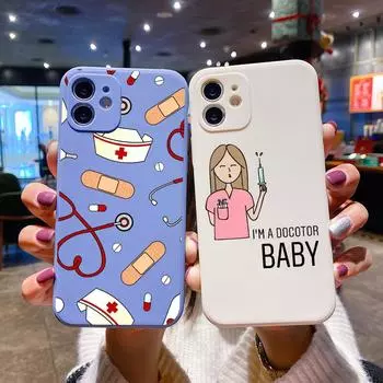 Милый квадратный жидкий силиконовый чехол для телефона с изображением медсестры в форме сердца для iPhone 14 11 12 13 Pro Max Mini X XS XR 7 8 Plus SE2 DIY чехол iPhone 11 Pro