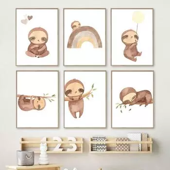 Милый ленивец в стиле бохо детская Радуга воздушный шар для мальчиков и девочек настенная живопись на холсте постеры на скандинавскую тему и принты картина декор для детской комнаты 21x30cm No Framed