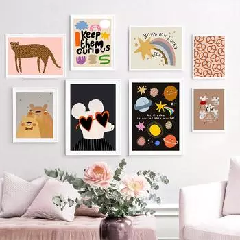 Милый Лепард Мышь Медведь Космическая Планета Детская Настенная Картина на Холсте Плакат на скандинавскую тему и настенные панно с принтом Декор для детской комнаты 21x30cm No Framed синий