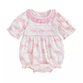 Милый летний комбинезон для маленьких девочек с короткими рукавами и круглым вырезом, с принтом банта 0-3 Months розовый