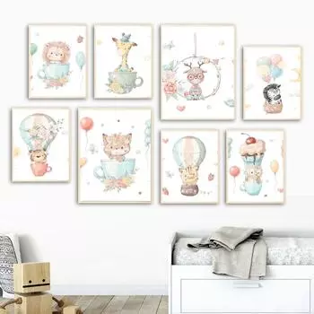 Милый Лев, Тигр, Зебра, Жираф, Медведь, Бегемот, Кролик, настенная живопись на холсте, постеры на скандинавскую тему и принты, настенные панно, декор для детской комнаты 21x30cm No Framed