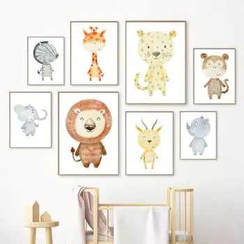 Милый лев, жираф, леопард, слон, зебра, обезьяна, настенная живопись, холст, картина, плакат на скандинавскую тему, настенные панно, декор для детской комнаты A4 21X30cm No Framed