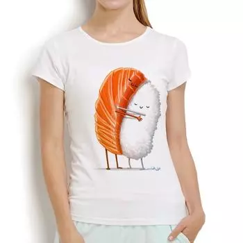 Милый лосось, рис, суши, забавная футболка, женская летняя белая повседневная футболка с коротким рукавом 2XL белый