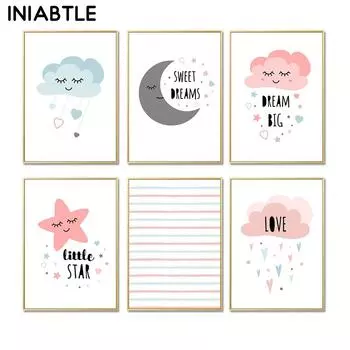 Милый Лунный Облако Звезда Детская Холст Плакат Мечта Большой Художественный Принт Настенная Живопись Украшение Картина Скандинавский Детский Декор Детской Комнаты 21cm30cm NoFrame