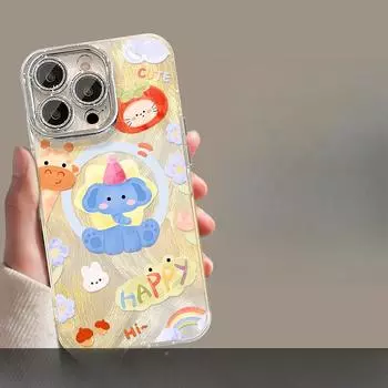 Милый магнитный держатель в виде слона для чехла мобильного телефона Apple 16promax 15 Тонкое отверстие Перьевая пряжа 13 Женский 14 Жесткий iPhone 16