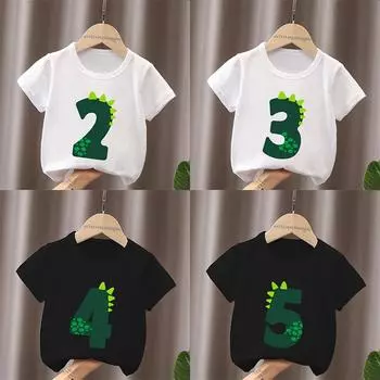 Милый маленький динозаврик день рождения номер бант детская футболка 1 2 3 4 5 6 7 8 9 лет одежда для девочек детские футболки с коротким рукавом для мальчиков 2T(90cm)