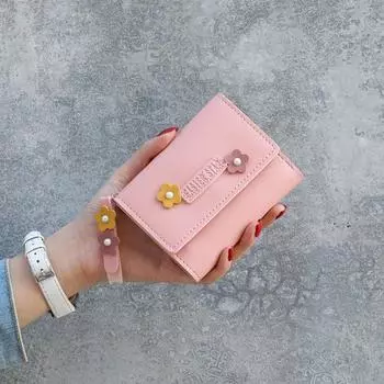Милый маленький кошелек для девочек, женщин, тройной сложенный кошелек, карман для денег, цветы, кожаный держатель для карт, студенческий кошелек для монет розовый