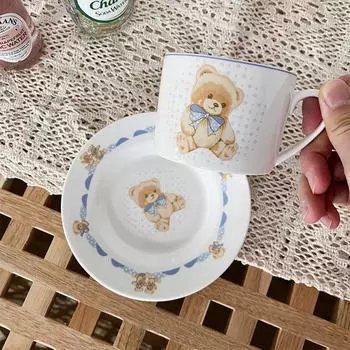 Милый маленький медведь корейский костяной фарфор чашка для кофе и блюдце набор столовых приборов кофейная тарелка блюдо домашний послеобеденный чайный сервиз подарок для девочки 250ml