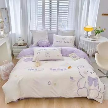 Милый маленький медвежонок, комплект из четырех предметов из чистого хлопка, фиолетовый мультяшный стиль принцессы, пододеяльник, постельное белье из чистого хлопка для детей 1.5m bed sheet 4pcs