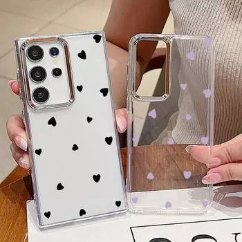 Милый маленький сердечный рисунок в виде прозрачного чехла для телефона Samsung S24 FE S23 Ultra A55 A54 A35 A34 A14, защита линз, прозрачный мягкий противоударный чехол из ТПУ Samsung S24 чёрный