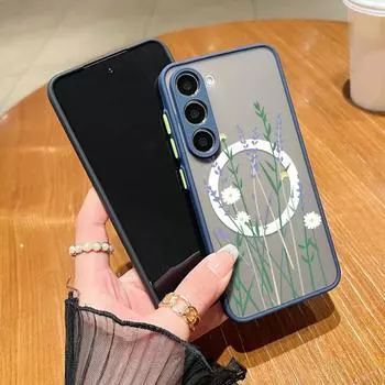 Милый матовый магнитный чехол с цветочным принтом для Samsung S24 FE S23 S22 Ultra S21 A55 A15 A35 A54 A34 A52 A14, прозрачный тонкий противоударный чехол для телефона MagSafe Samsung S24 FE чёрный