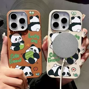 Милый матовый магнитный чехол с рисунком панд для iPhone 16 Plus 15 Pro Max 14 Pro 13 12 11, защита линз TPU, мягкий противоударный чехол для MagSafe Slim Phone Cover iPhone 16 чёрный