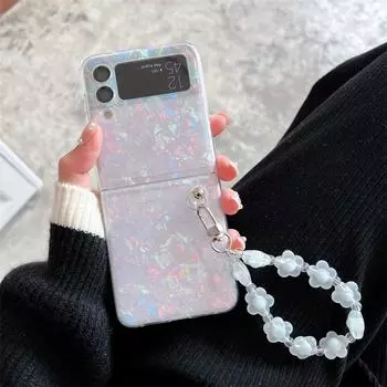 Милый мечтательный чехол для телефона с рисунком ракушки для Samsung Galaxy Z Flip 3 5g, глянцевый мягкий чехол с 3d цветком, портативный браслет For Samsung Z Flip 3 белый