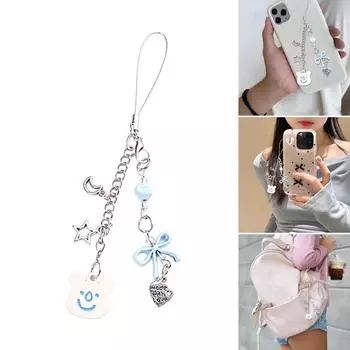 Милый медведь бант сердце подвески кулон милый телефон ремешок сумка украшение портативный подвески шнурок подарок для девочек женщин синий