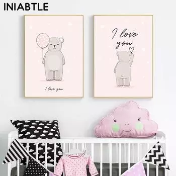 Милый медведь для детской комнаты, настенное искусство, розовый воздушный шар с любовью, холст, плакат с принтом, детская живопись, картина в скандинавском стиле, декор для детской комнаты для девочек 21cm30cm NoFrame