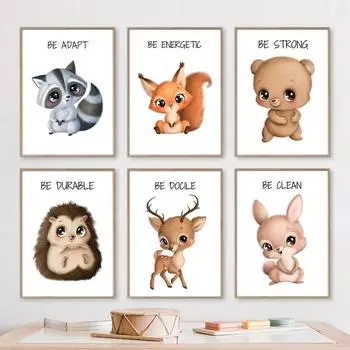 Милый медведь, лиса, слива, олень, енот, еж, кролик, настенные художественные постеры, принты, скандинавская картина на холсте, фотографии животных, декор для детской комнаты 21cm30cm NoFrame