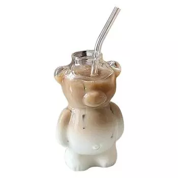 Милый Медведь Стеклянная Чашка Мультяшный Медведь В Форме Кофейная Кружка Стаканы Для Напитков (с соломой)