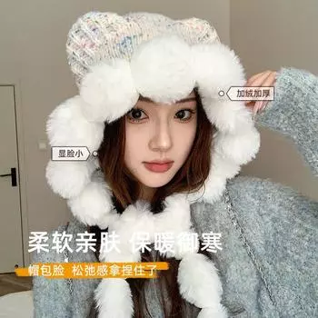 Милый медведь теплая шерстяная шапка с капюшоном женская зимняя утепленная трикотажная шапка с лицом маленькая плюшевая шапка-пуловер A One Size чёрный