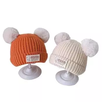 Милый медведь вязаная шапка-ушанка для детей зимняя толстая теплая шерстяная шапка для младенцев и малышей красный