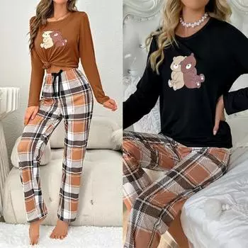 Милый Медведь Женский Пижамный Комплект Новая Пижама Мягкая Молочная Шелковая Пижама для Девочек Длинные Рукава Ночная Одежда Для Отдыха Домашний Декор S чёрный