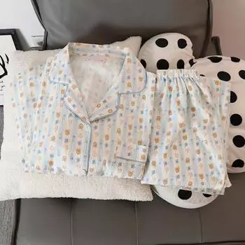 Милый милый пижамный комплект из двух частей с принтом медведя, осенняя повседневная универсальная домашняя одежда, пижамы женские Y2K мягкие женские пижамы M