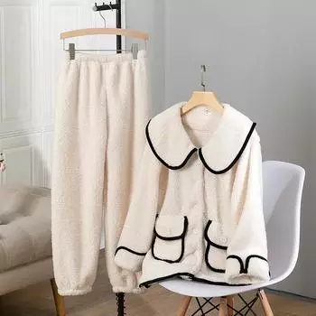 Милый милый пижамный комплект с кукольным вырезом, осенне-зимний комплект из кардигана и брюк из кораллового флиса, женская повседневная домашняя одежда, свободная ночная рубашка M белый