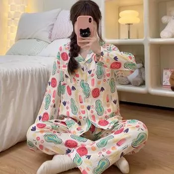 Милый милый принт женский пижамный комплект из 2 предметов повседневная теплая мягкая одежда для сна женская пижама осень-зима M