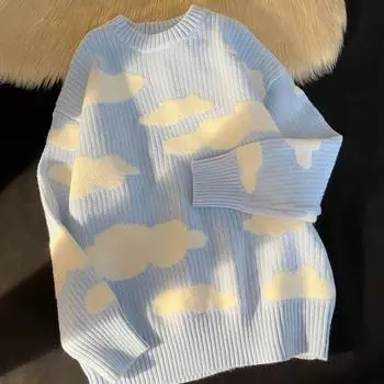 Милый милый женский свитер с облаком в стиле пэчворк, универсальный женский трикотаж, осень-зима, корейский пуловер с длинными рукавами M небесно-голубой