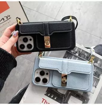 Милый многофункциональный чехол с замком и пряжкой с рисунком личи, длинная веревка, сумка через плечо для карт, чехол для телефона для iPhone 15 14 Plus 13 12 11Pro Max For iPhone 15Plus чёрный