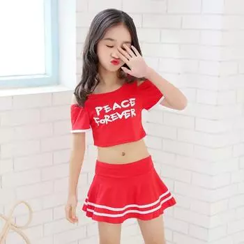 Милый модный летний пляжный комплект из 2 предметов для девочек-подростков, комплект купальников бикини, топ и юбка с принтом букв, детский купальный костюм танкини из горячих источников M