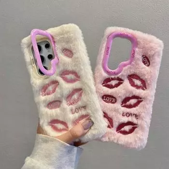 Милый мягкий чехол с изображением губ и подставкой для объектива для Samsung S24 Ultra S23 Plus A55 A54 A35 A15 A14, пушистый теплый противоударный чехол с мультяшным принтом Samsung S24 белый