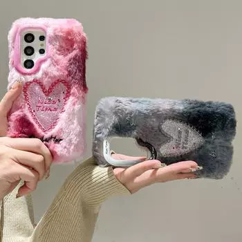 Милый мягкий плюшевый чехол с рисунком в виде сердца для Samsung S24 Ultra S23 Plus A55 A35 A54 A15 A14, подставка для объектива, пушистый теплый противоударный чехол Samsung S24 серый