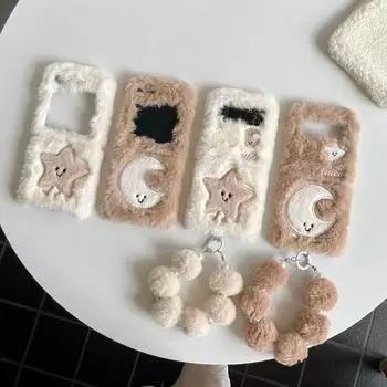 Милый мягкий пушистый складной чехол из 2 предметов для Samsung Z Flip6 Flip5 Flip4 Flip3 с рисунком луны и звезд, теплый плюшевый противоударный чехол для телефона со шнурком Samsung Z Flip6 хаки