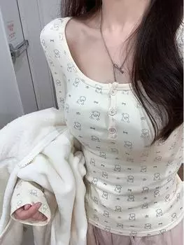 Милый мультфильм 2024 Медвежий принт топы женские кавайные тонкие длинные рукава футболка новый осень зима отшлифованный бархатный пуловер повседневный S синий